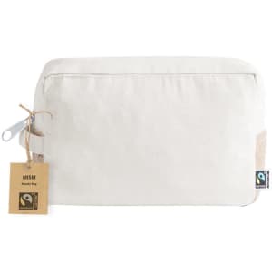 A cream toiletry bag with a tan mesh side, featuring a tag and a logo.