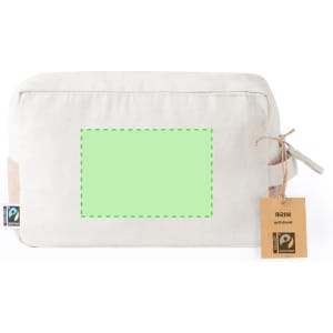 A cream toiletry bag with a tag, featuring a blank green space on its front and a small logo.