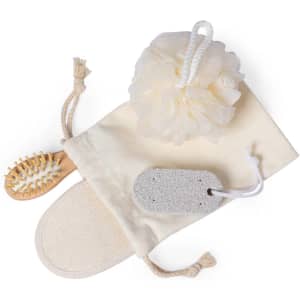 A beige toiletry bag containing a loofah, wooden hairbrush, foot file, and pumice stone.