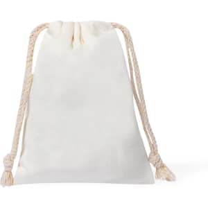 A white drawstring bag with a textured surface and braided cords. It includes a branding logo.