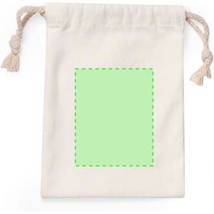 A natural canvas drawstring bag with a plain green square in the centre and tassel closures.