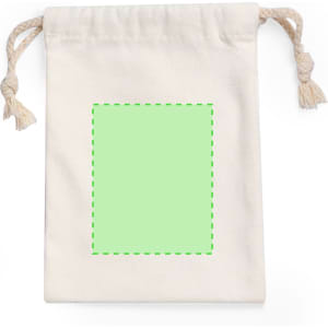 A natural canvas drawstring pouch in cream colour with a green outline, featuring decorative tassels.