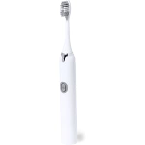 A white electric toothbrush with a sleek design and a grey button, featuring a brush head at the top.