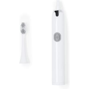 A white electric toothbrush alongside a replacement brush head, featuring a power button and a minimalist design.