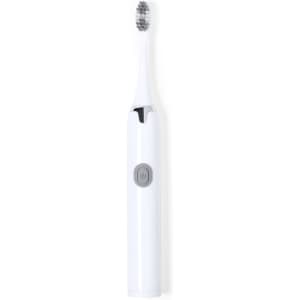A white electric toothbrush with a grey button and bristle head. The toothbrush has a sleek, modern design.