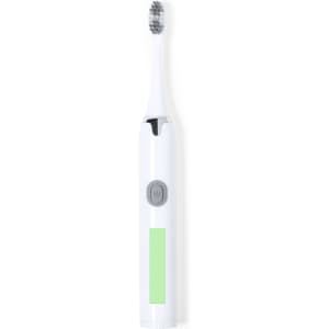 A white electric toothbrush with a grey button and green accent, featuring a rounded brush head.