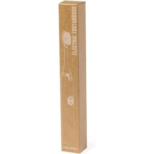 A packaged electric toothbrush in a tall, rectangular, brown cardboard box with a minimalistic design.