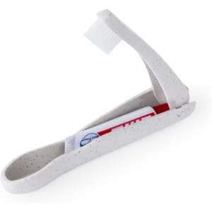 A portable dental care set featuring a toothbrush and toothpaste in a grey case with a speckled design.