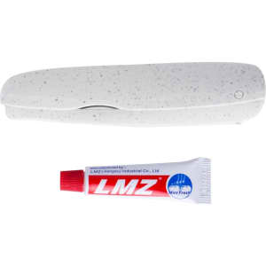 A dental tool set featuring a speckled white case and a tube of mint toothpaste, includes a branding logo.