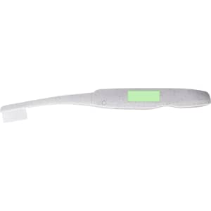 A toothbrush with a white speckled handle and a logo, featuring a traditional bristle head.