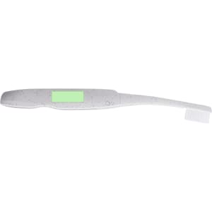A toothbrush in white with speckles, featuring a green accent. It has a logo on the handle.