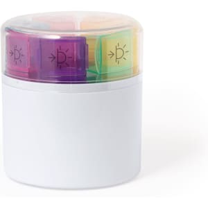 Ablix Pillbox in white with a transparent lid featuring colourful pill compartments in purple, yellow, blue, and green.