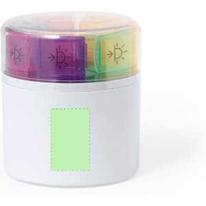 Ablix Pillbox featuring a white base with a clear lid and colourful compartments in purple, yellow, and orange.
