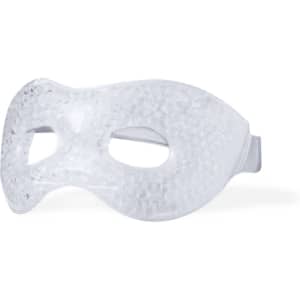 A clear gel eye mask shaped like a mask, featuring cutouts for the eyes and a comfortable strap.