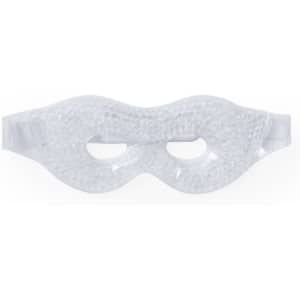 A clear, gel-filled eye mask with two openings and a flexible strap for comfort.