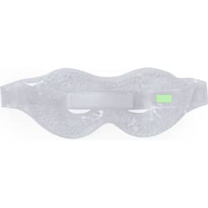 A clear gel eye mask with a soft strap, designed for personal wellness. It features a textured surface and a logo.