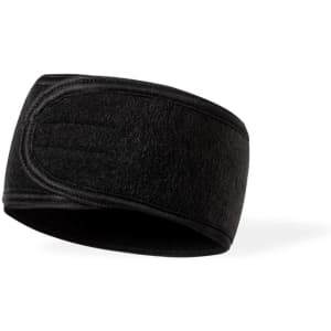 A black headband with a sleek design, featuring a logo and made from a soft material.