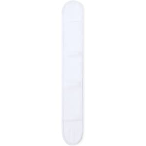 A white headband with a sleek design and an adjustable strap. It features a logo and a smooth texture.