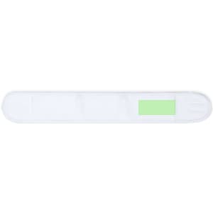 A white headband with a green section and a logo. The headband is designed for promotional use.