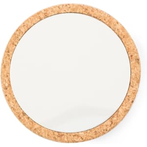 A round pocket mirror with a cork border, featuring a reflective surface and a clean, simple design.
