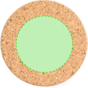 A circular pocket mirror with a green reflective surface, surrounded by a cork border. It features a logo.
