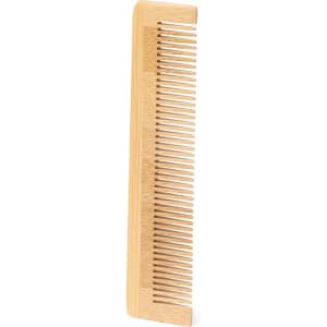 A wooden comb in a natural finish with fine and coarse teeth, featuring a simple design and a logo.