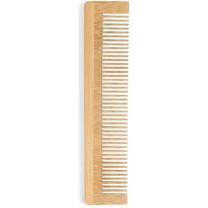 A wooden comb in a light brown shade with evenly spaced teeth and a simple design.