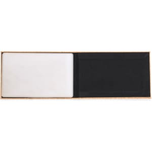 A rectangular pocket mirror with a white reflective surface, presented in a stylish black and wooden case.
