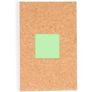 A cork pocket mirror with a green square design in the centre. Features a simple logo on the back.