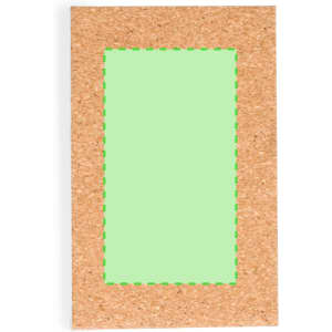 A cork-framed pocket mirror with a light green reflective surface and a logo on the frame.