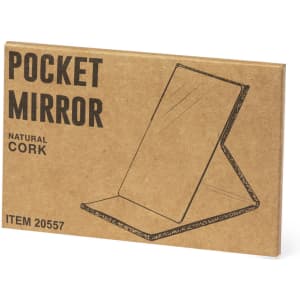 A pocket mirror with a natural cork cover, presented in a simple cardboard packaging.
