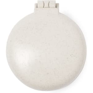A round, beige hairbrush with a mirror, featuring a simple design and a logo on the exterior.