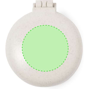 A round, light grey hairbrush with a mirror encased in a textured, environmentally friendly material.