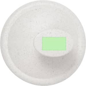 A round, white container lid with a textured surface, featuring a logo in the centre.