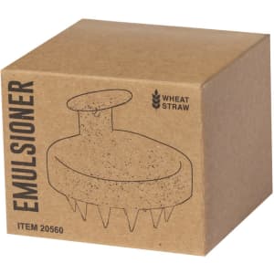 A square, brown box containing a wheat straw emulsion tool with a rounded, ridged top and pointed base.