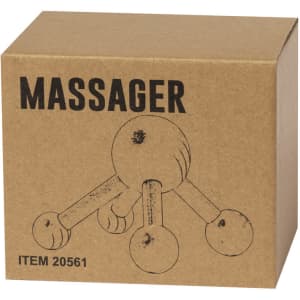 A brown cardboard box containing a massager, featuring a simple line drawing design and a logo.