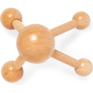 A wooden massager with a central sphere and four round ends, designed for muscle relief. It has a natural wood finish.