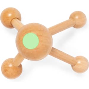 A wooden massager with a central spherical shape and four extending arms, featuring light green accents.