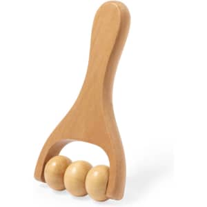 A wooden massager featuring three rolling balls, designed for personal wellness and relaxation.