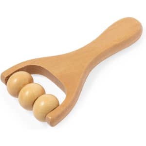 A wooden massager with three rolling balls, designed for health and personal care. Features a light wood finish.