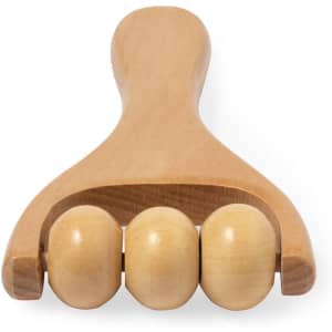 A wooden massager with a smooth handle and three rounded rolling balls for massage therapy.