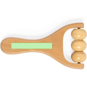 A wooden massager with a handle and three rolling wooden balls. It features a logo on the handle.