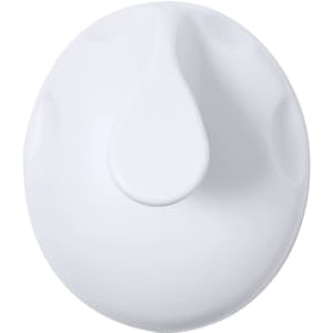 A white massager with a smooth, rounded design featuring textured grip areas. It has a logo on the surface.