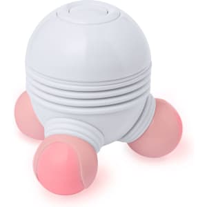 A white and pink massager with three rounded attachments, featuring a logo on the top.
