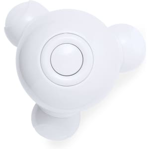 A white massager with three rounded ends and a central button, featuring a smooth, glossy surface and a logo.
