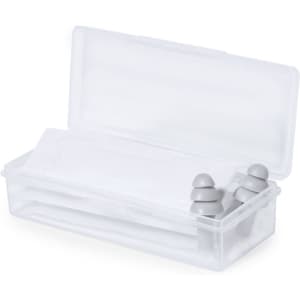 A clear storage box containing grey earplugs and sheets, with the lid ajar. It has a simple, minimalistic design.
