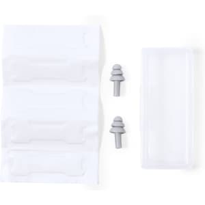 A set of grey earplugs and a clear storage case, accompanied by adhesive strips.