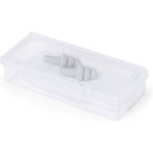 A clear plastic case containing grey earplugs, securely stored inside.