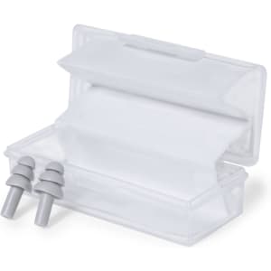 A transparent case containing grey earplugs, neatly arranged inside with a hinged lid.