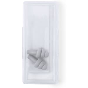Three grey earplugs in a transparent case, showcasing a sleek design. The case has a simple logo.
